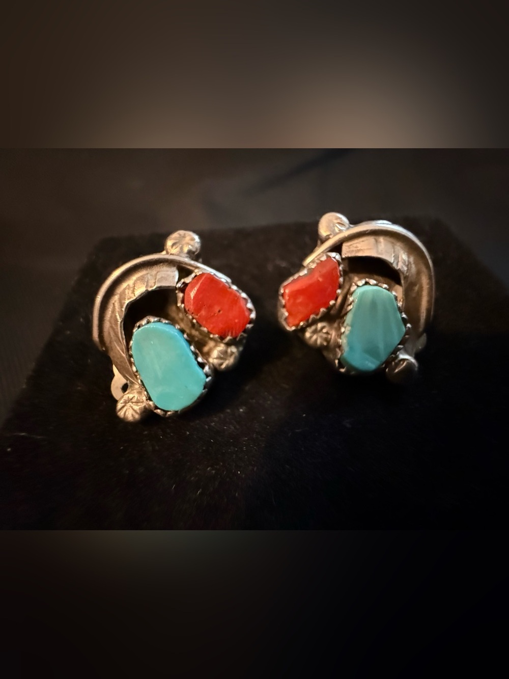 Vintage Turquoise and Coral Sterling Silver Clip-On Earrings
